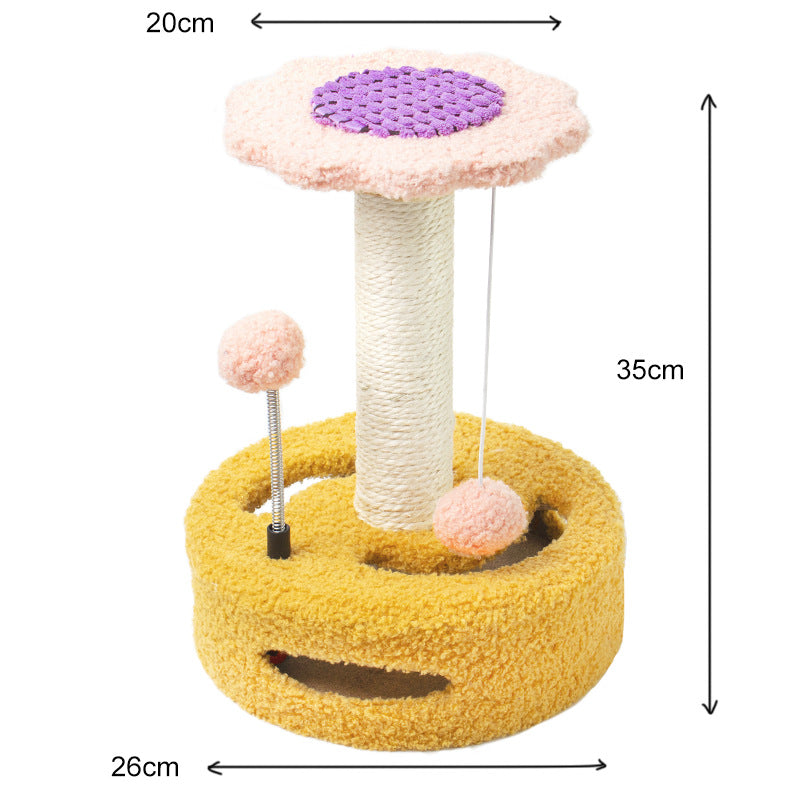 Bold Flower Cat Scratching Post - (Yellow), Plush & Sisal with Teaser Balls - Pets Preference