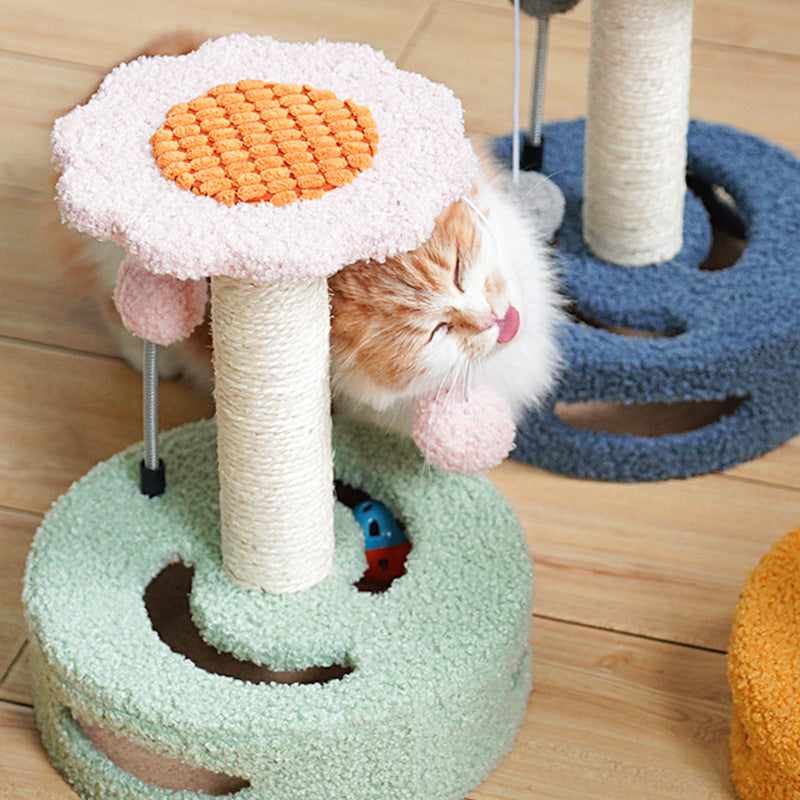 Bold Flower Cat Scratching Post - (Yellow), Plush & Sisal with Teaser Balls - Pets Preference