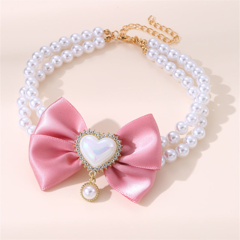 2-Piece Pet Pearl Necklace with Pink Bow – Size S (Pink) - Pets Preference