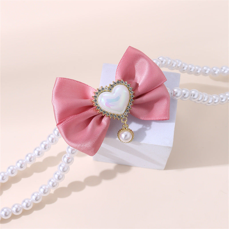 2-Piece Pet Pearl Necklace with Pink Bow – Size S (Pink) - Pets Preference