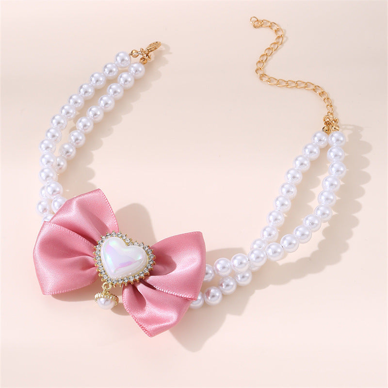 2-Piece Pet Pearl Necklace with Pink Bow – Size S (Pink) - Pets Preference