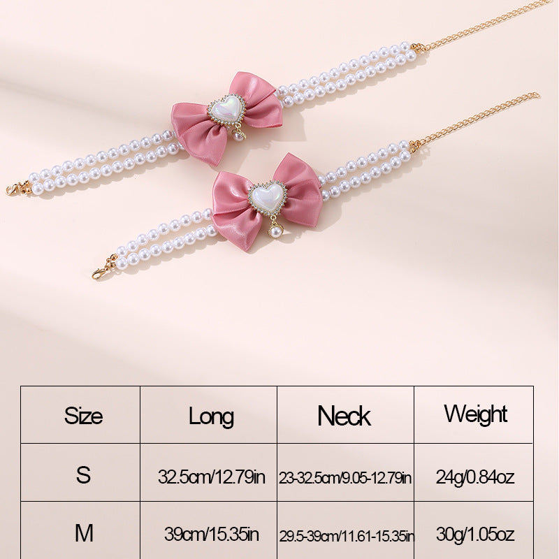 2-Piece Pet Pearl Necklace with Pink Bow – Size S (Pink) - Pets Preference