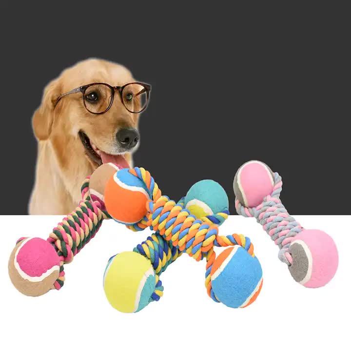 2 PCS Cotton Rope & Tennis Ball Dog Toy Set – Chew Resistant Tug Toys - Yellow - Pets Preference