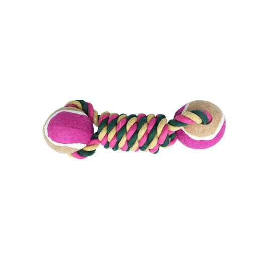 2 PCS Cotton Rope & Tennis Ball Dog Toy Set – Chew Resistant Tug Toys - Rose Red - Pets Preference
