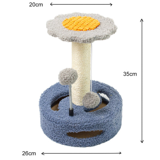 Bold Flower Cat Scratching Post - (Blue), Plush & Sisal with Teaser Balls - Pets Preference