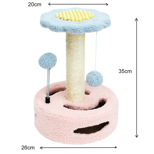 Bold Flower Cat Scratching Post - (Pink), Plush & Sisal with Teaser Balls - Pets Preference