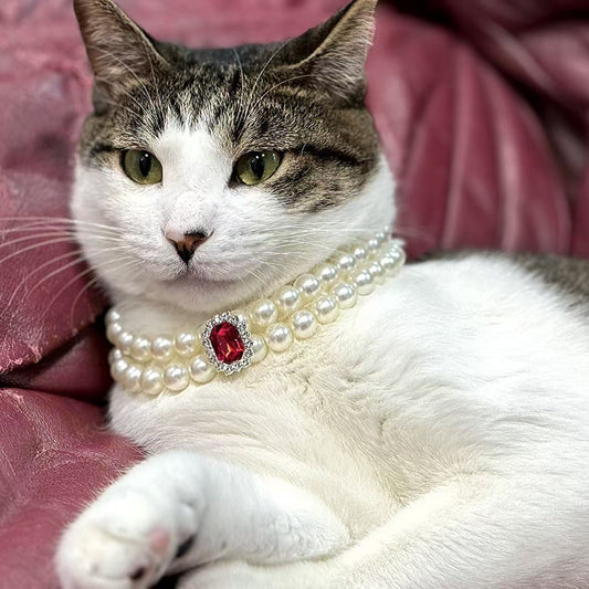 3-pcs Red Diamond  Double Strand Pearl & Rhinestone Pet Necklace - Luxury Collar for Cats & Dogs Size M (25-31CM) - Pets Preference