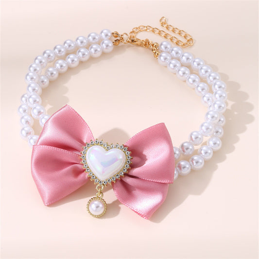 2-Piece Pet Pearl Necklace with Pink Bow – Size S (Pink) - Pets Preference