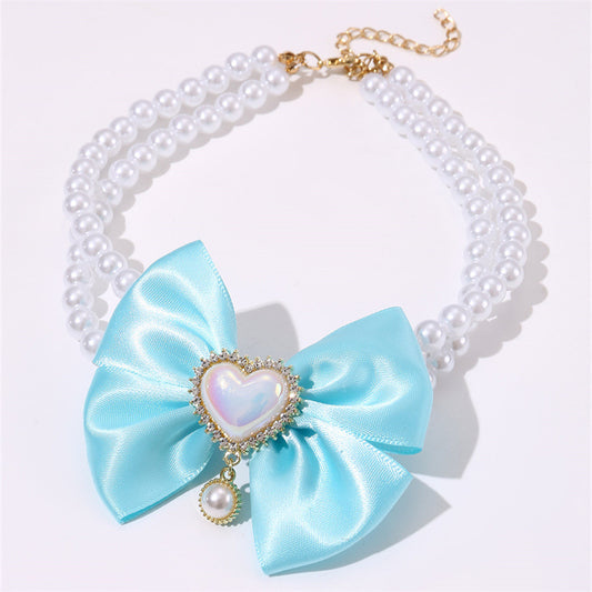 2 PCS Pearl Pet Necklace with Bow - Size S (Blue) - Pets Preference